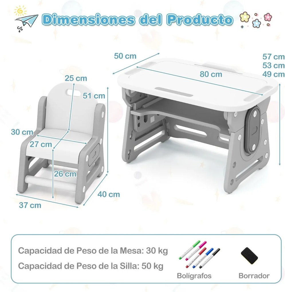 Conjunto de mesa e cadeira para crianças com quadro negro inclinado, suporte para livros e prateleira côncava para maiores de 3 anos, cinza