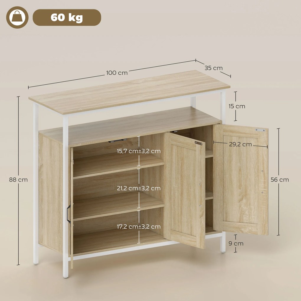 Aparador 100 x 35 x 88 cm, móvel de arrumação de cozinha ou sala com 3 portas, compartimento aberto e 4 prateleiras ajustáveis, madeira cor natural