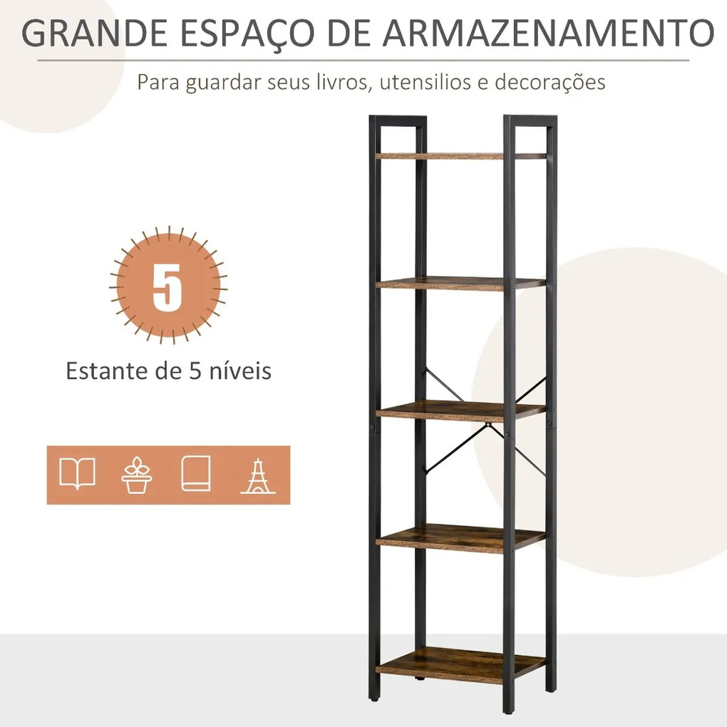 Estante de Estilo Industrial de 5 Níveis Estante para Livros de Armazenamento com Estrutura de Aço para Sala de Estar Escritório Cozinha Dormitório 40