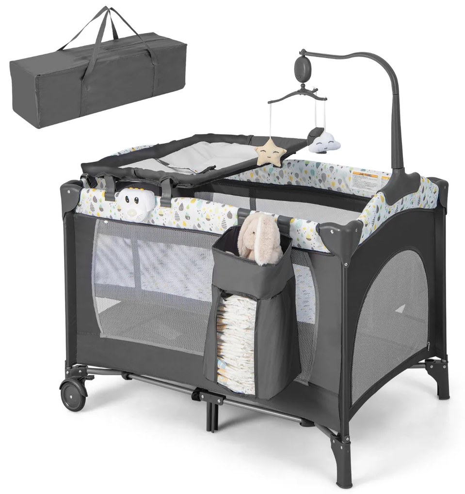 Parque portátil 4 em 1, berço dobrável para viagem com colchão removível e mudança de música, 102 x 72 x 74 cm Bege