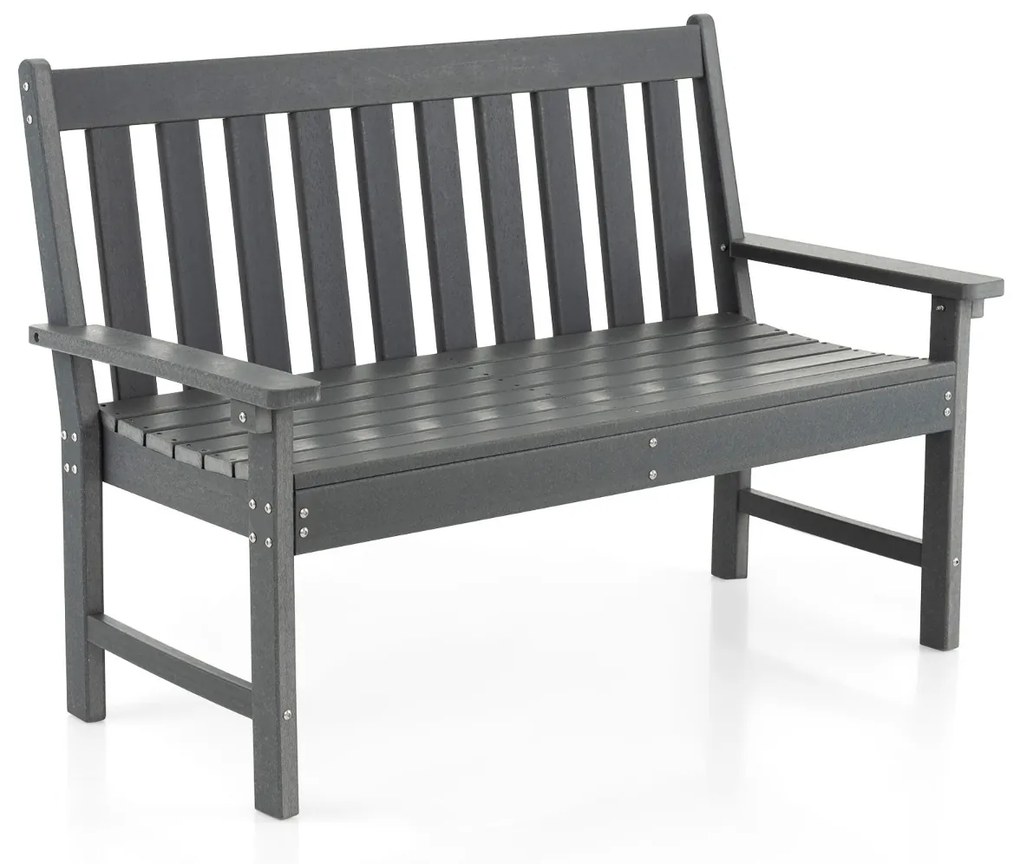 Banco de madeira Jardim PEAD com encosto e apoios de braços para terraço Varanda Resistente às intempéries para 2 pessoas 132 x 65 x 91 cm Cinzento
