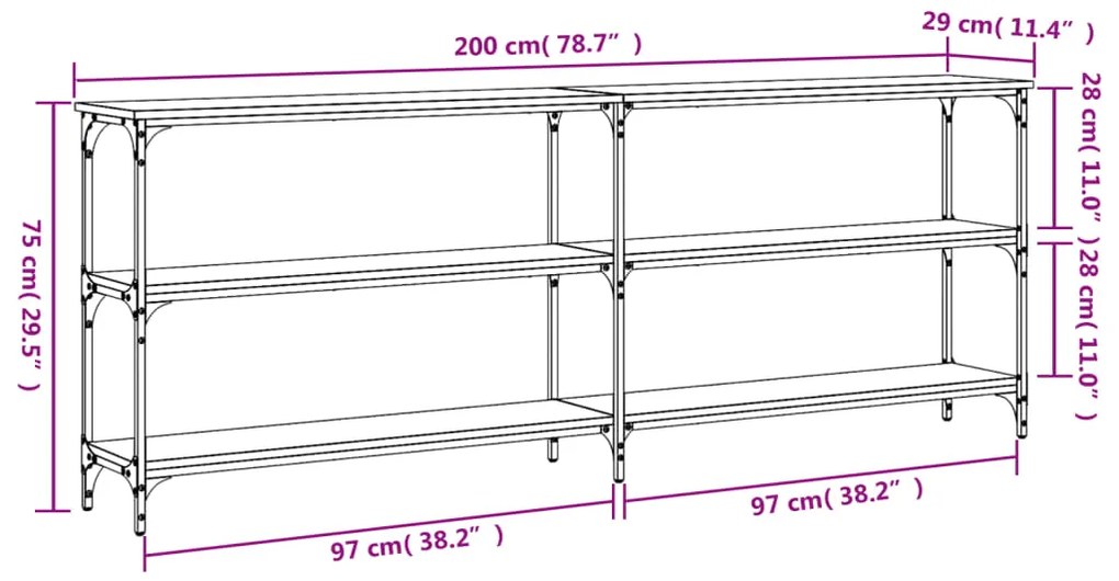 Mesa consola 200x29x75 cm derivados de madeira cinzento sonoma