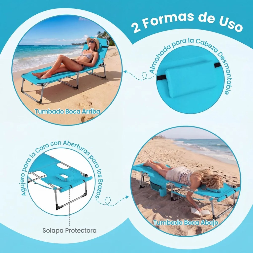Conjunto de 2 Espreguiçadeiras de Praia Dobráveis, 166 x 60 x 35 cm, Encosto e Apoio para os Pés Ajustáveis, Azul