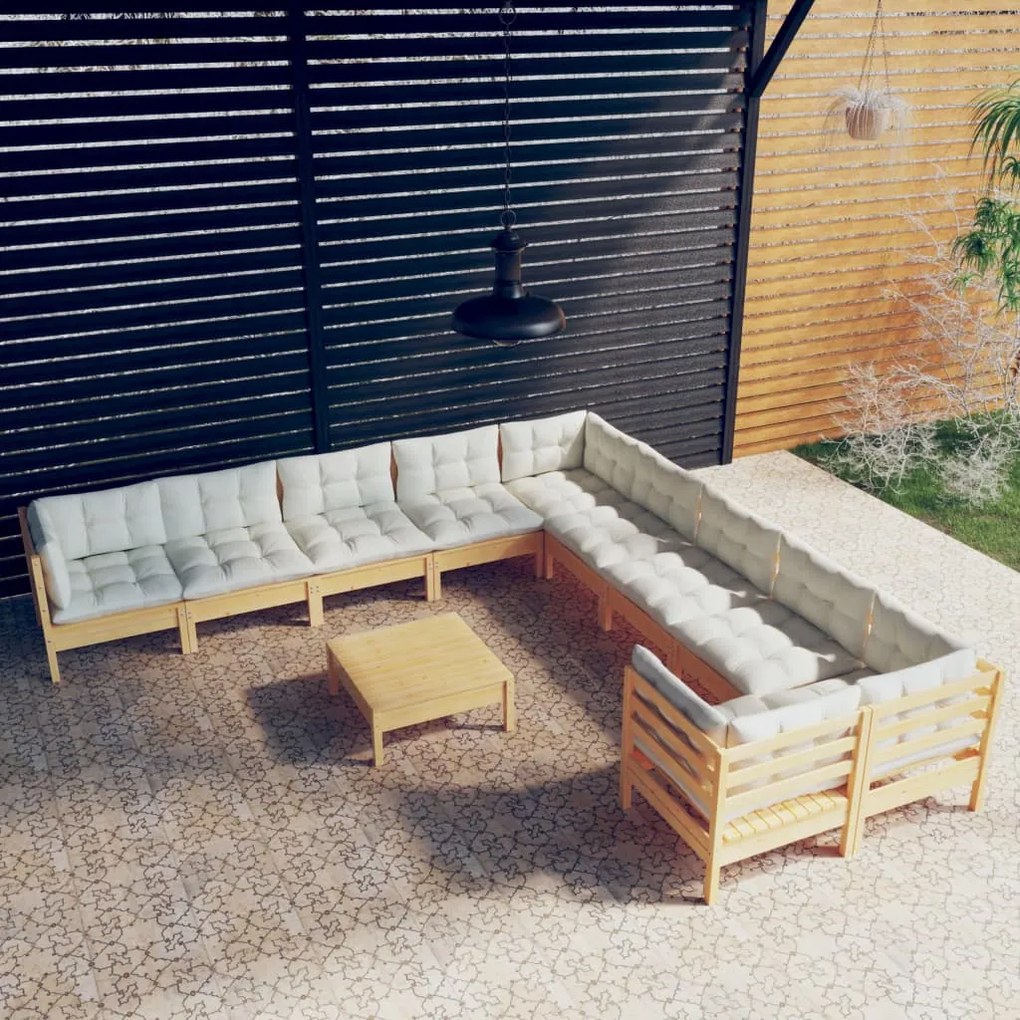 vidaXL 11 pcs conjunto lounge de jardim c/ almofadões cor creme pinho