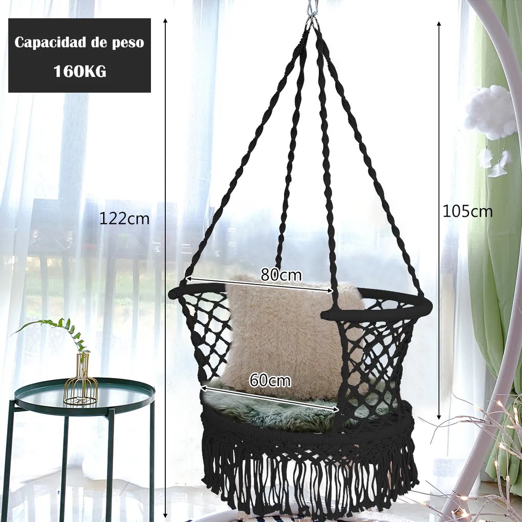 Cadeira Baloiço Jardim com Cordas  de Algodão de Assento Perfeito para Pátio Casa Jardim Preto