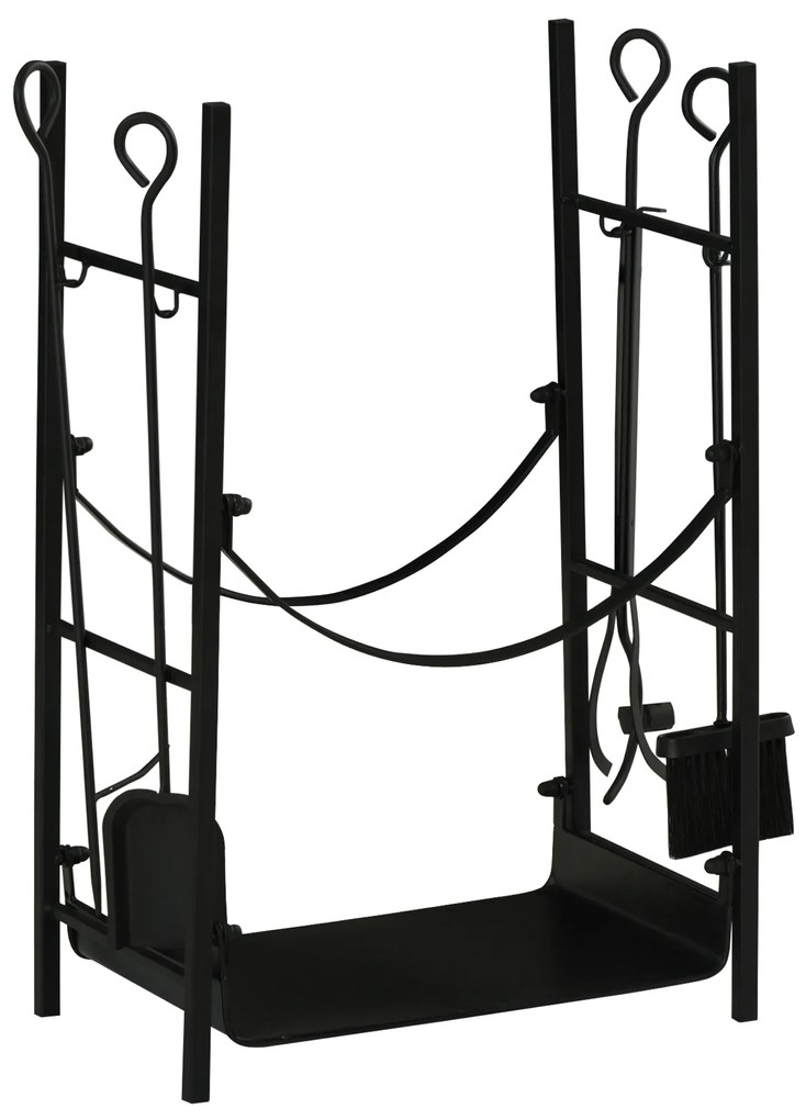 Outsunny Suporte para Lenha de 2 Níveis Porta Lenha Exterior e Interior Metálico com 4 Ferramentas para Lareira Carga Máx. 70kg 44,5x29,x73 cm