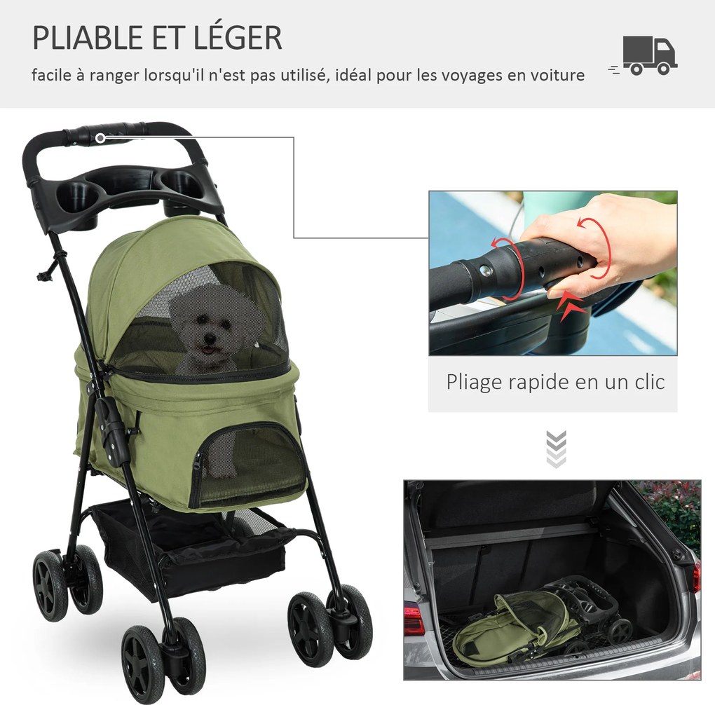 Carrinho de bebé dobrável para cães e gatos, com cesto de arrumação, porta-copos, tecido Oxford 300D impermeável, 4 rodas, verde