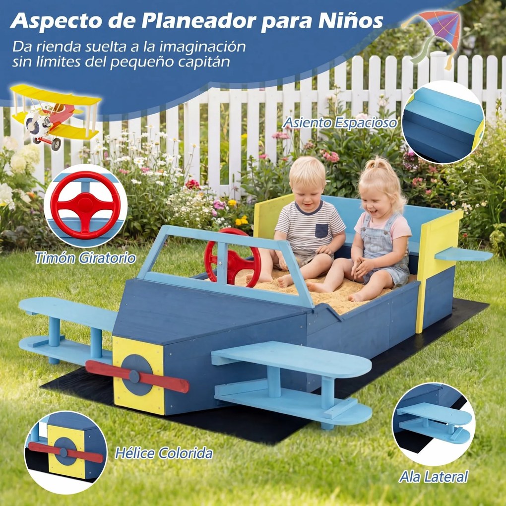 Caixa de areia infantil em madeira de abeto 166,5 x 140,5 x 50 cm, em forma de planador, com banco, assento, base aberta e forro inferior, para crianç