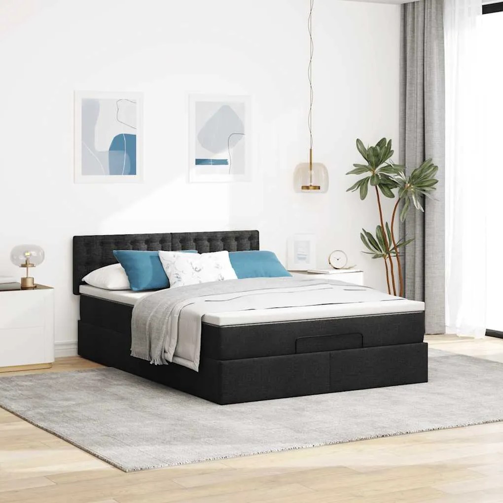 Cama otomana com colchão 140x200 cm tecido preto