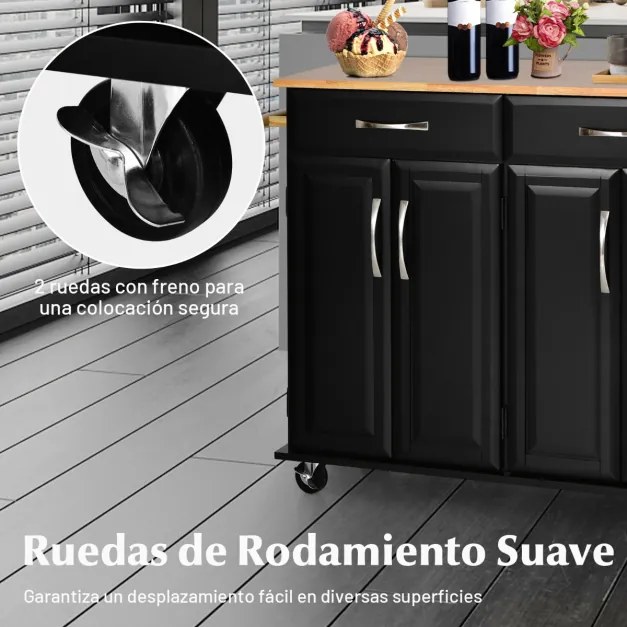 Carrinho para ilha de cozinha com tampo de madeira Estantes ajustáveis 2 gavetas grandes 122 x 48 x 92,5 cm Preto