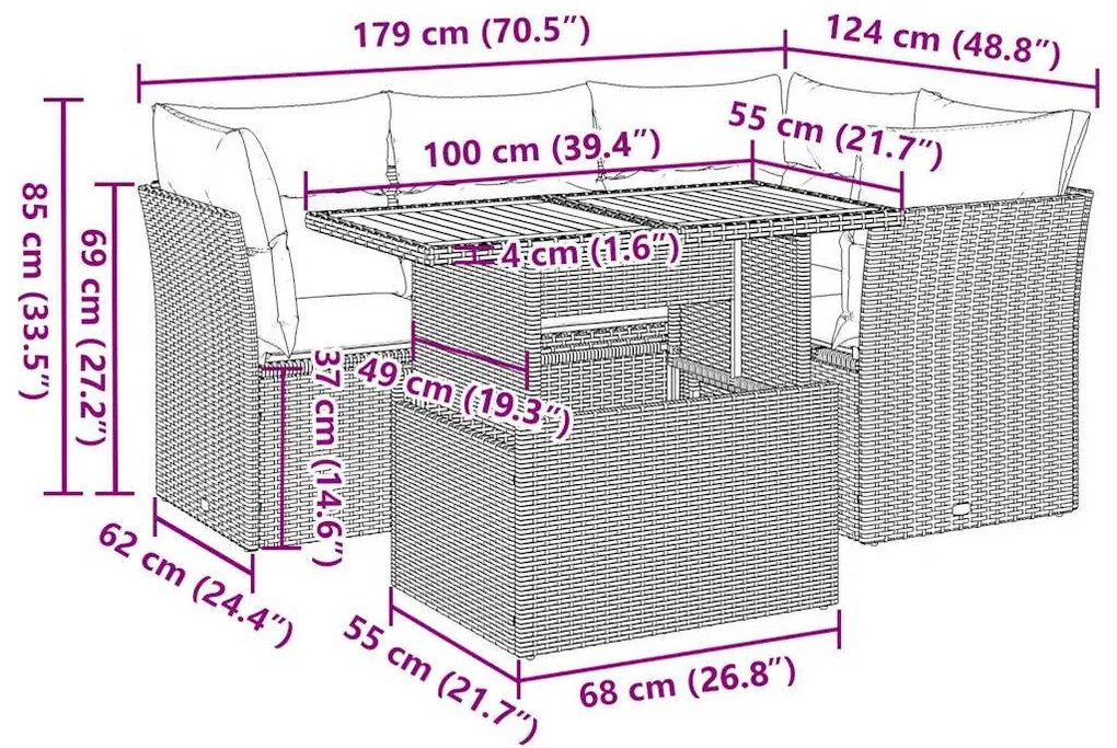 5 pcs conjunto de sofás p/ jardim com almofadões vime PE bege