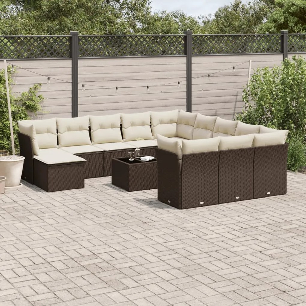 vidaXL 13 pcs conjunto sofás p/ jardim c/ almofadões vime PE castanho