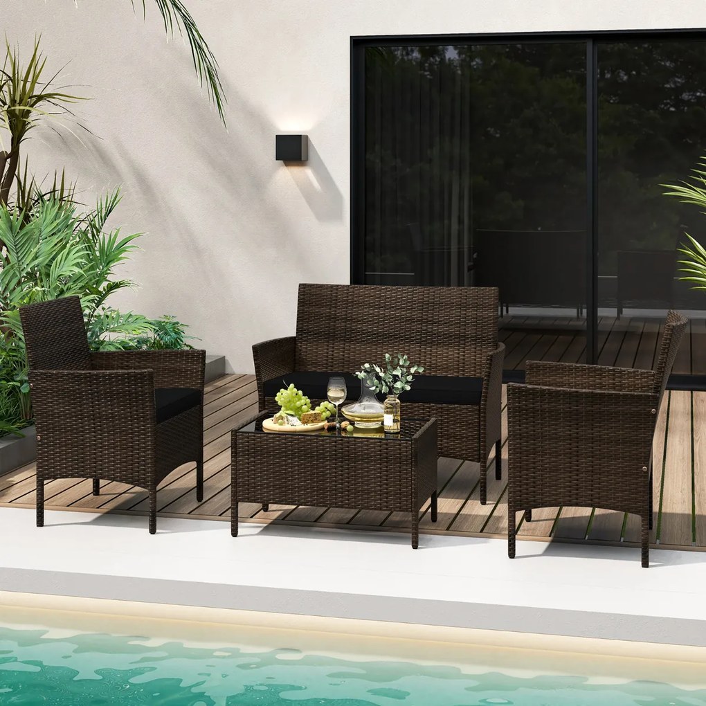 Conjunto de jardim, 4 peças: mobiliário de exterior com cadeira, sofá de 2 lugares e mesa de vidro temperado Castanho misto e almofadas pretas