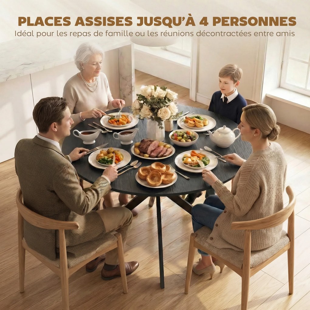 Mesa de Jantar Redonda, 100 x 100 x 75 cm (CADEIRAS NÃO INCLUIDAS), Tampo com Aspeto de Madeira, Preto