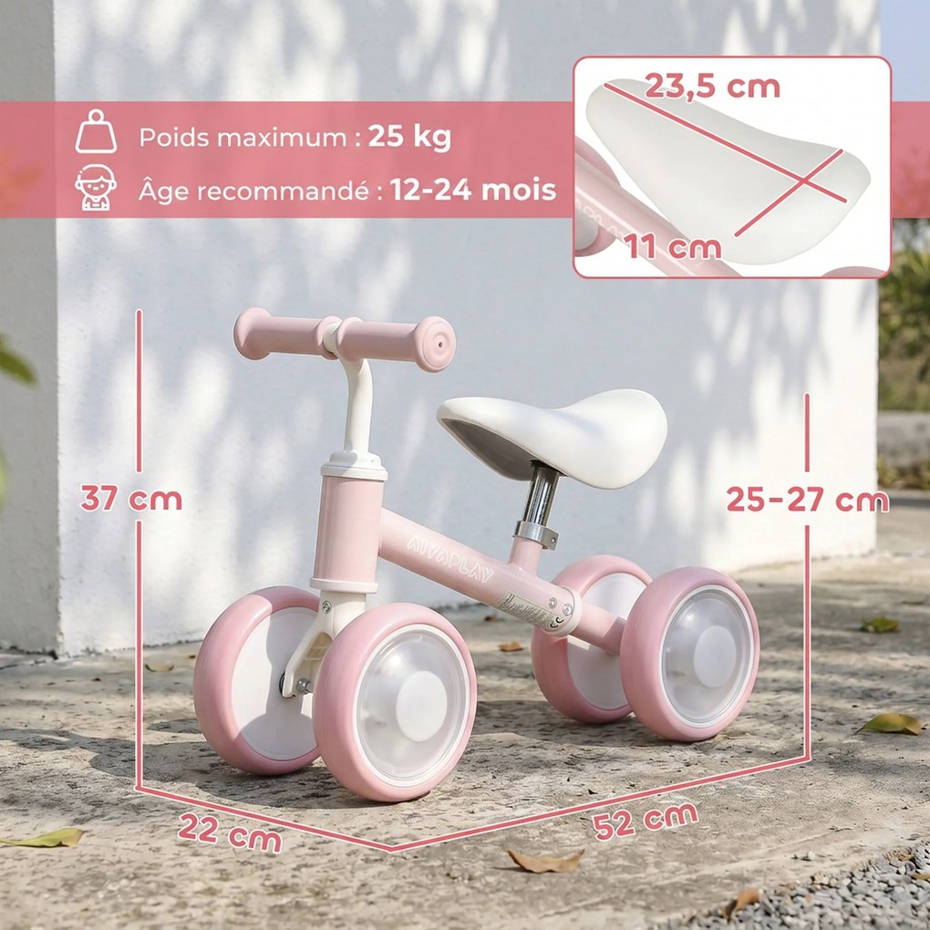 Bicicleta de Equilíbrio para Bebé, 52 x 22 x 37 cm, 4 Rodas Luminosas, Rosa