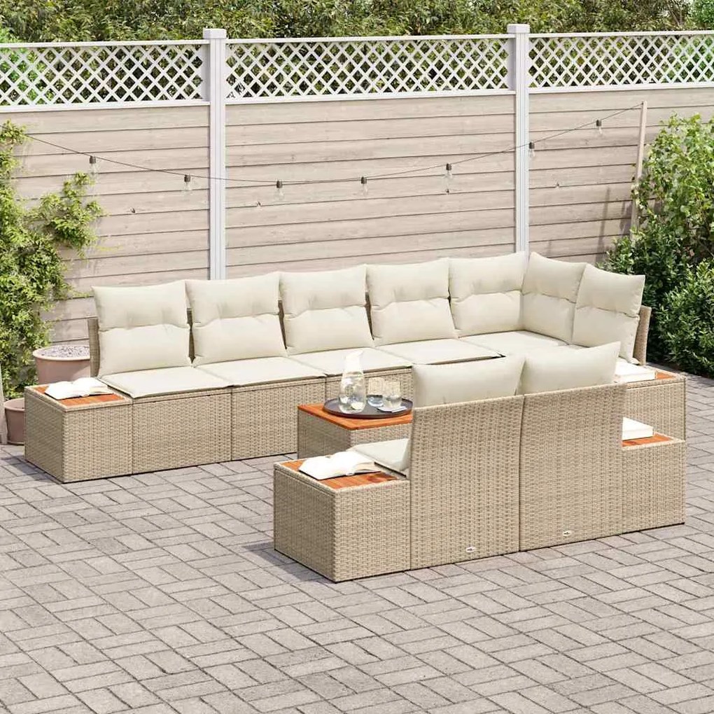 Conjunto de Sofá de Jardim 9 Peças com Almofadas Bege em Rattan Sintét
