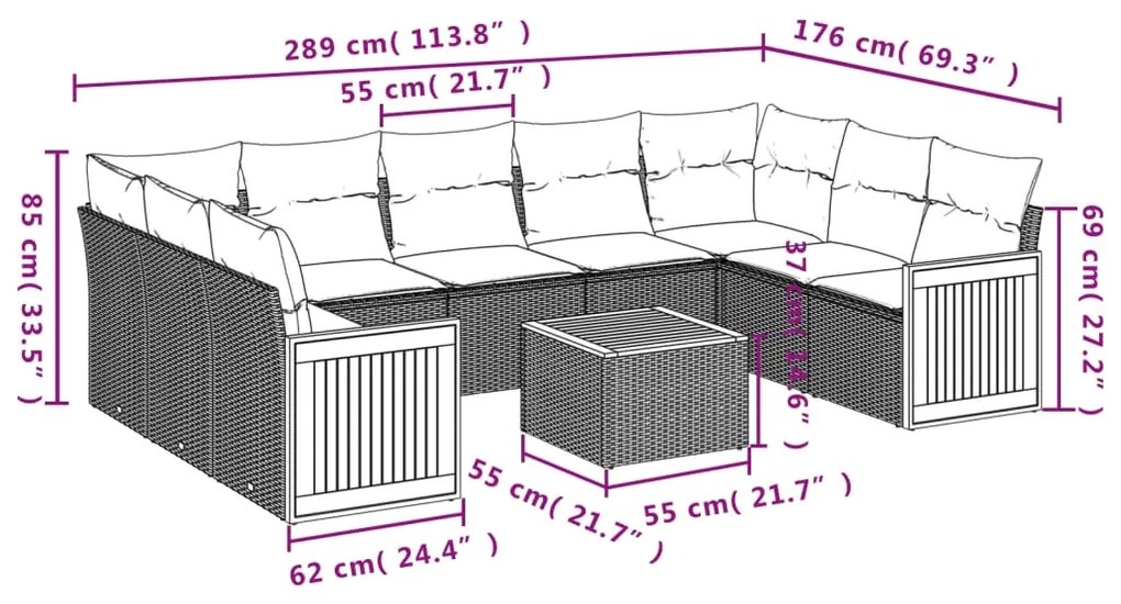 10 pcs conjunto de sofás p/ jardim com almofadões vime PE bege