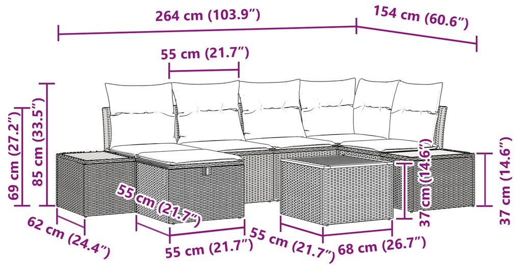 Conjunto de Sofás de 7 Peças com Almofadas Preto Vime Sintético