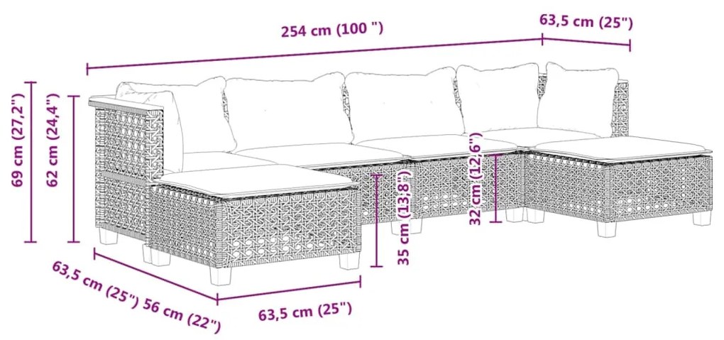 6 pcs conjunto sofás de jardim com almofadões vime cinzento
