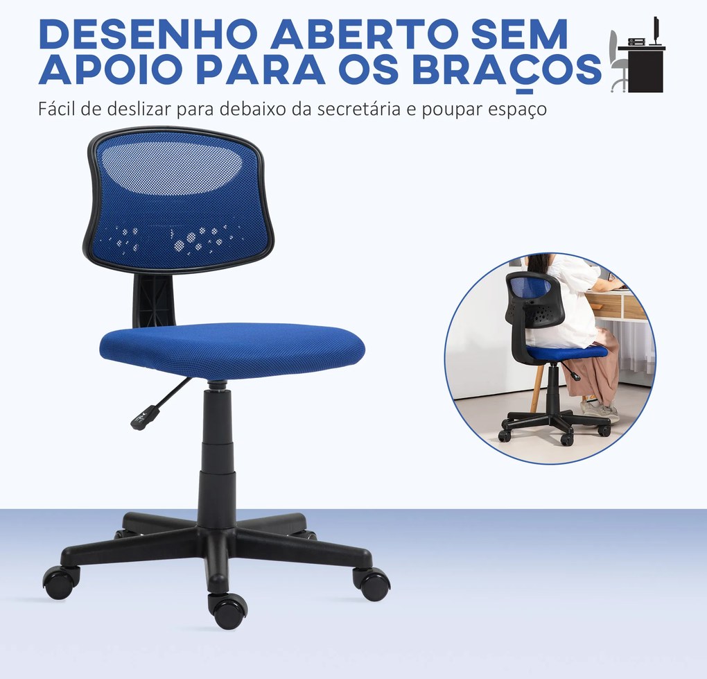 Cadeira de Escritório sem Apoio para os Braços com Encosto de Malha Respirável Altura Ajustável 43x48x78-88 cm Azul