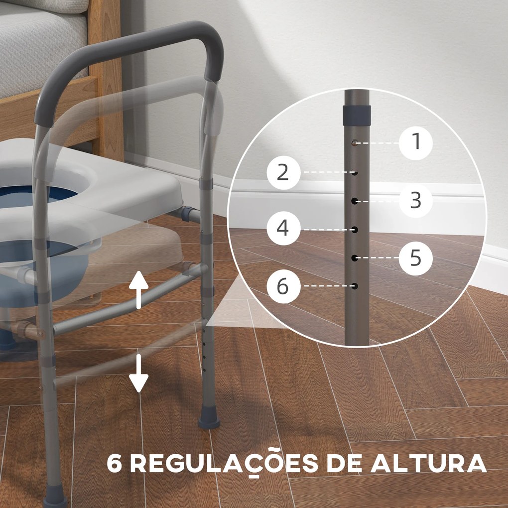 Cadeira Higiénica 4 em 1 Cadeira com Sanita de Alumínio Cadeira de Duche com Altura Ajustável 64x53x70-82 cm Cinza