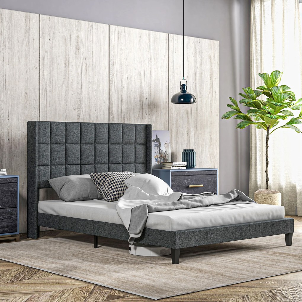 Cama de Casal 135x190 cm com Cabeceira Estofada com Laterais e Arrumação Inferior, Cinzento