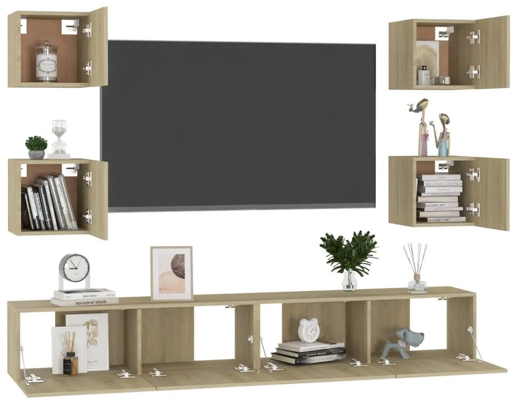 6pcs conjunto de móveis de TV derivados madeira carvalho sonoma