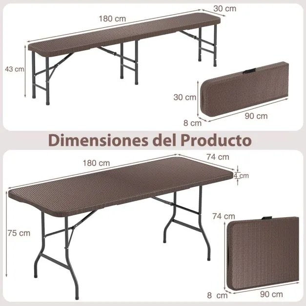 Mesa e 2 bancos para piquenique de 180 cm com superfície em HDPE portátil para acampamento Café
