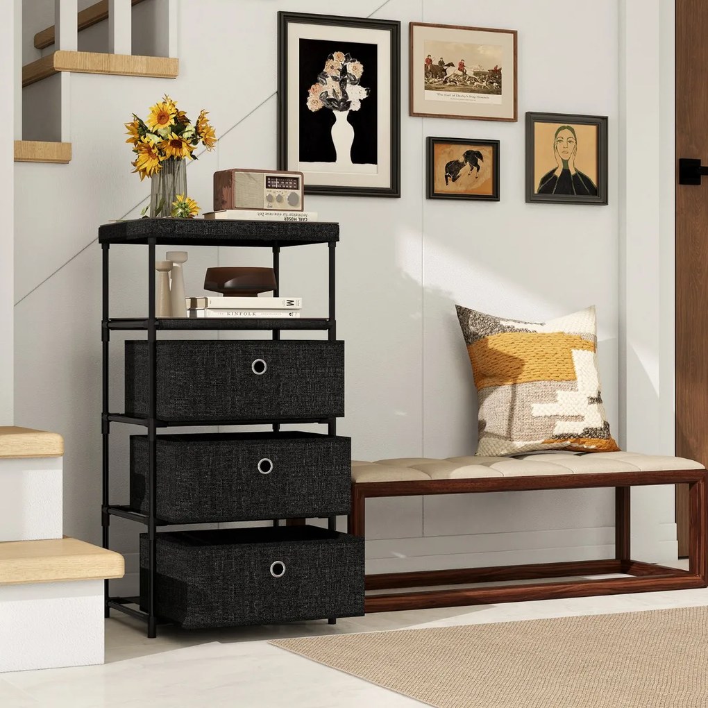 Cómoda com  3 gavetas gavetas de tecido 40 x 30 x 81 cm com superfície de madeira e estrutura metálica Castanho rústico e preto