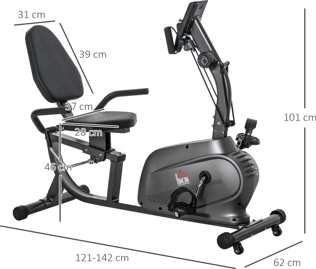 Bicicleta Estática com Encosto 8 Níveis de Resistência Bicicleta Banco Ajustável e Ecrã LCD 121-142x62x101 cm Preto