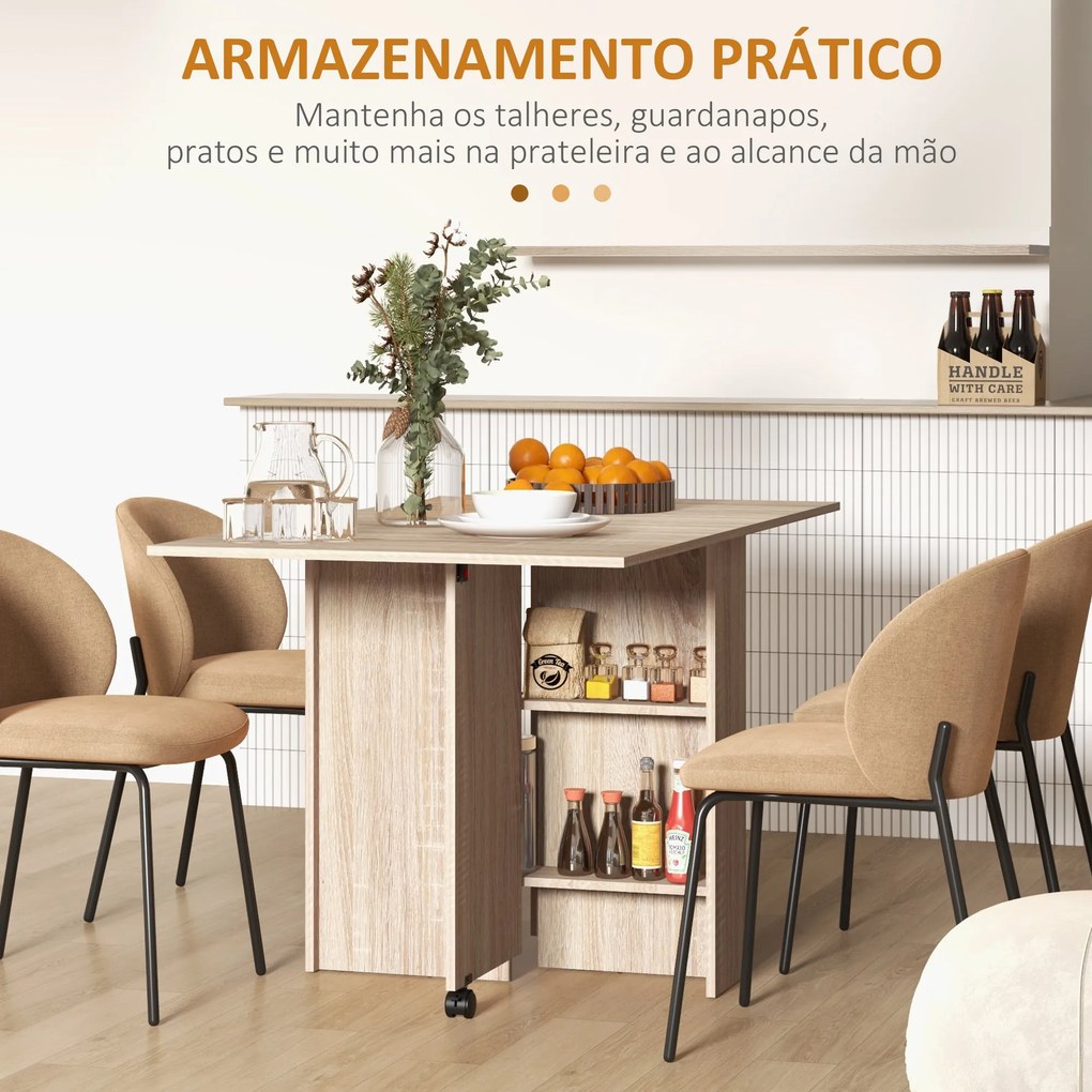 Mesa de Sala de Jantar Dobrável Mesa de Madeira com 2 Prateleiras de A
