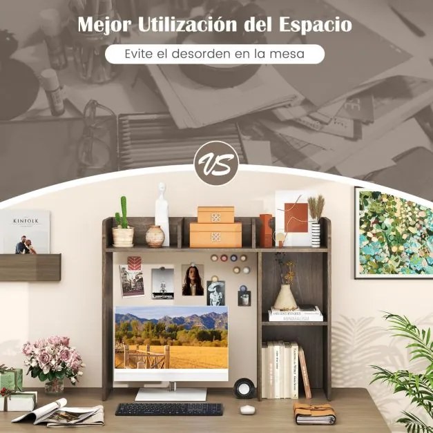 Estante de madeira para secretária 94 x 25 x 74 cm com 4 prateleiras e compartimento aberto Organizador de secretária Cinza