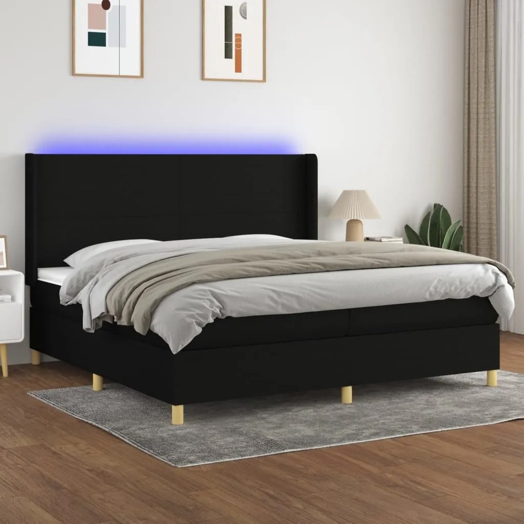 Cama box spring c/ colchão e LED 200x200 cm tecido preto