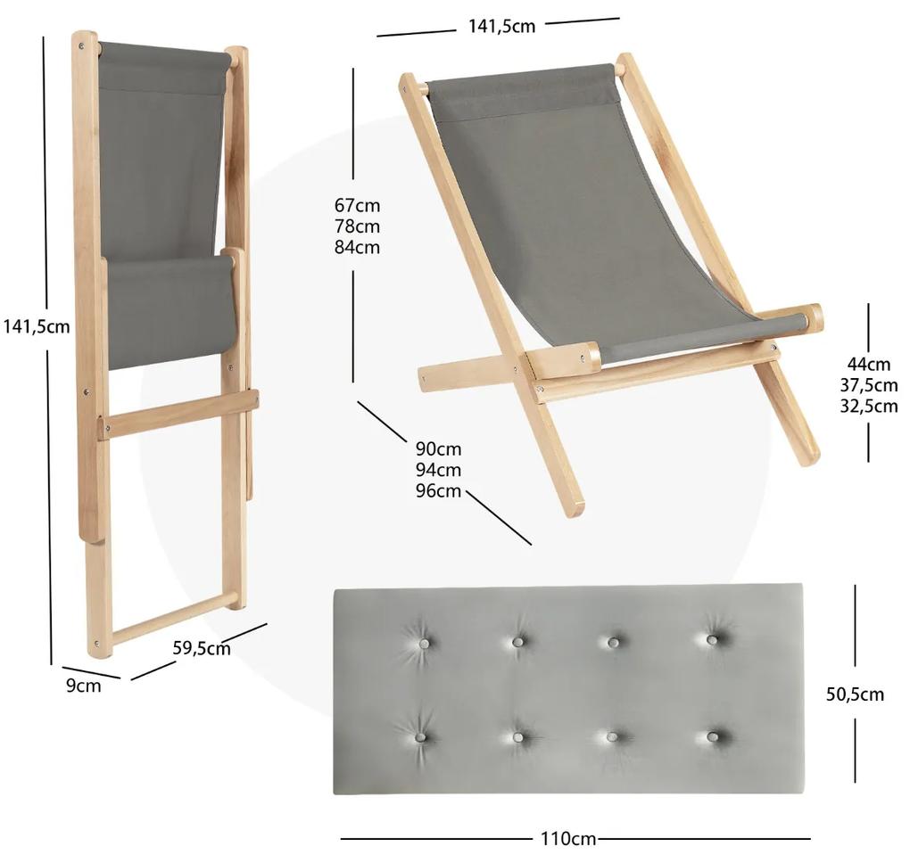 Cadeira de Jardim Dobrável de Madeira Cadeira de 3 posições Reclinável com Almofada Cadeira de Campismo Portátil Varanda Jardim Cinzento