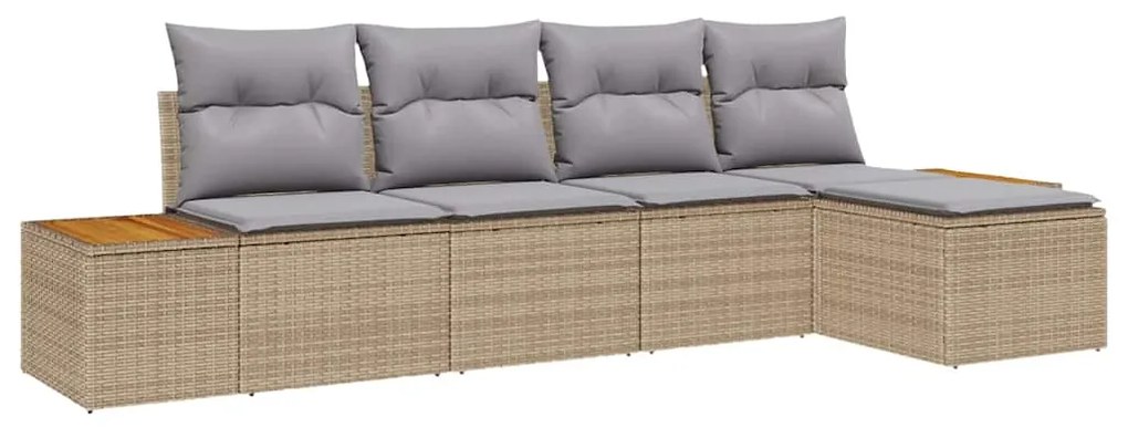 Conjunto de Sofá de Jardim de 5 Peças com Almofadas Bege Rattan Poliet