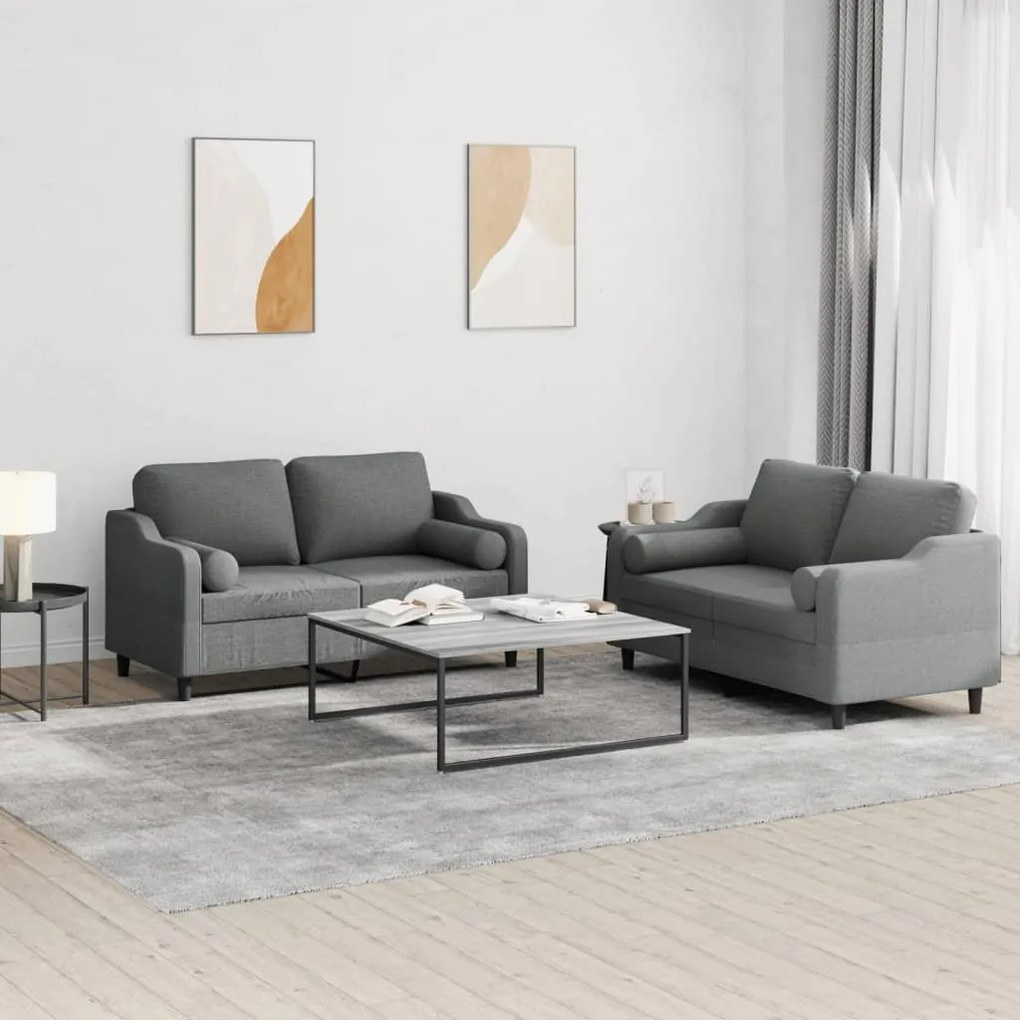 2 pcs conjunto de sofás com almofadas tecido cinzento-escuro