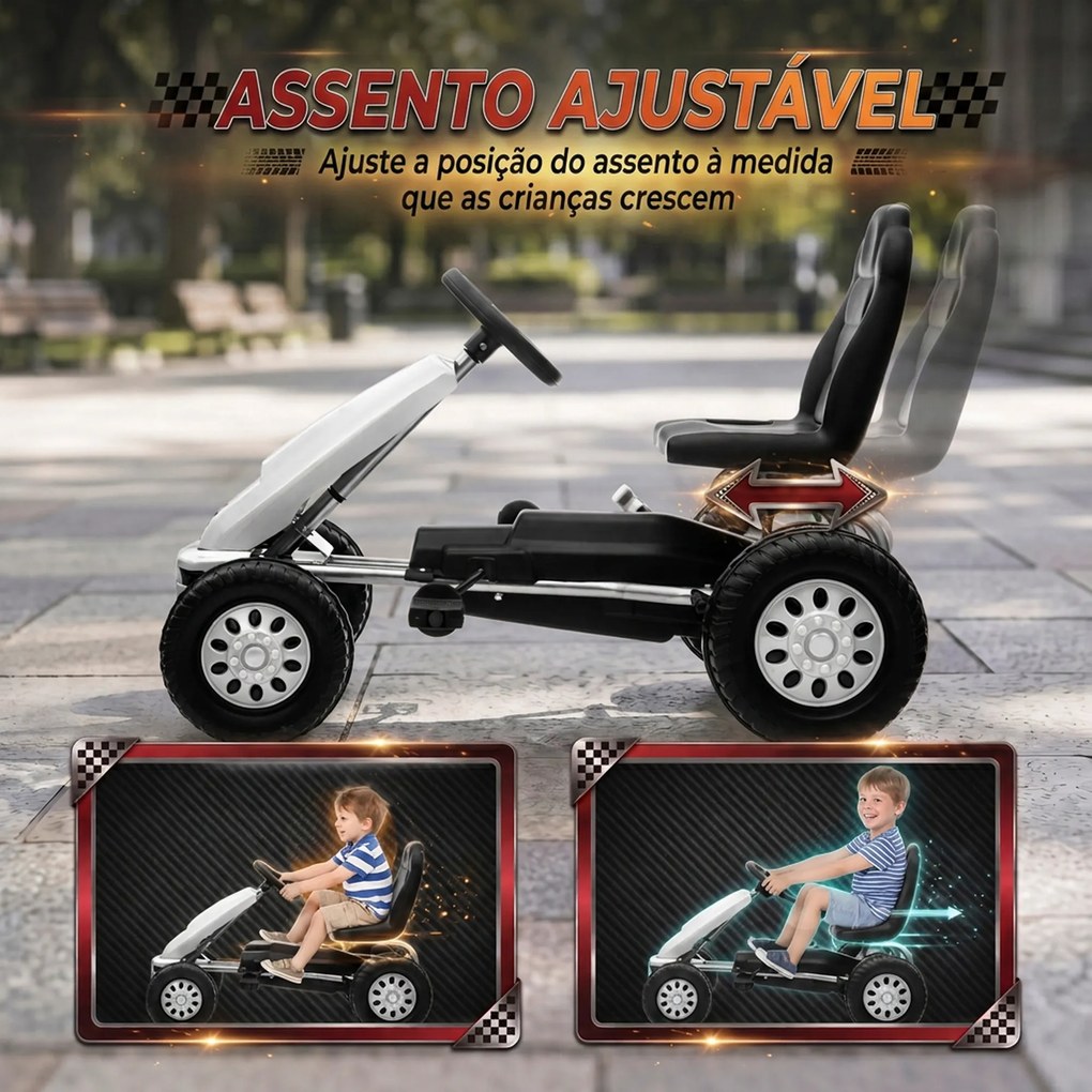 Kart a Pedais para Crianças +3 Anos com Assento Ajustável, Volante, Travão de Mão, Estrutura em Alumínio e Aço, 30 kg, Branco