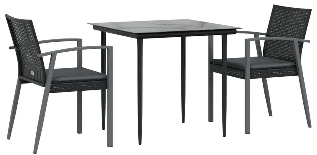 3 pcs conjunto de jantar p/ jardim c/ almofadões vime PE e aço