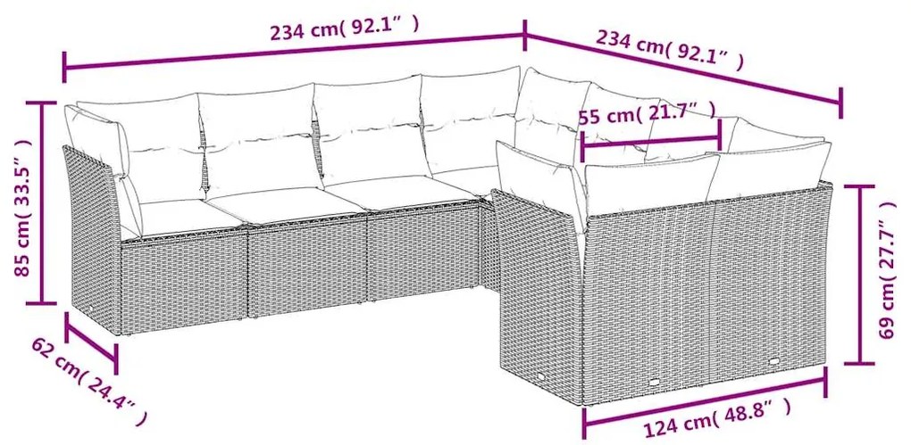 8 pcs conjunto de sofás p/ jardim com almofadões vime PE bege