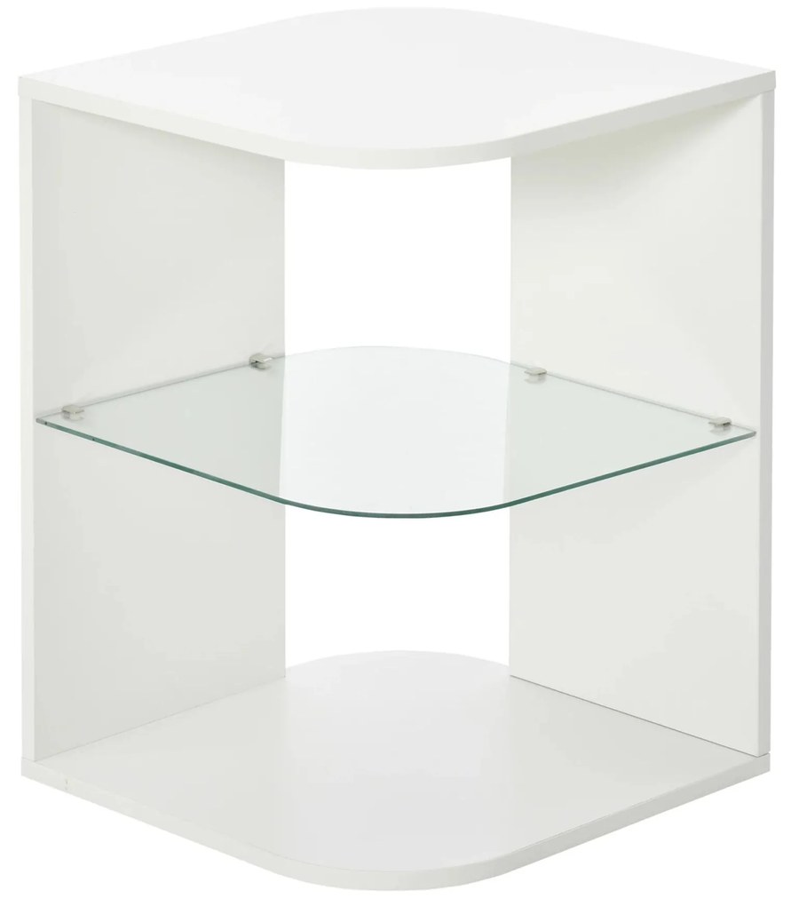 HOMCOM Mesa Auxiliar Moderna Cabeceira 3 Prateleiras 1 Vidro Sala Estar Dormitório 40x40x56cm Branco