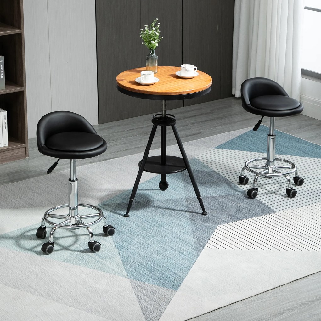 Conjunto de 2 bancos com rodas giratórias a 360° (MESA NÃO INCLUIDA), assento ajustável entre 47 e 62 cm de altura, em aço cromado com revestimento si