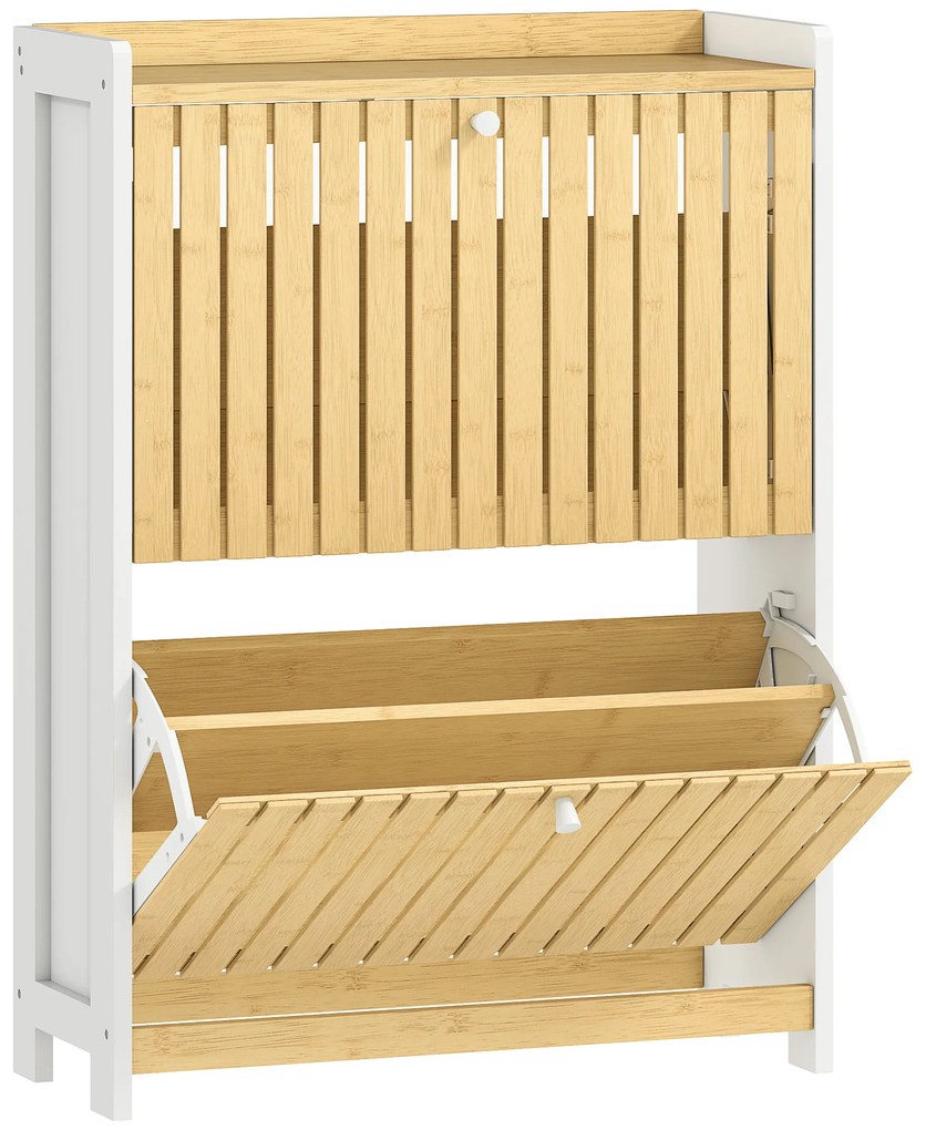 HOMCOM Sapateira Estreita com 2 Portas de Bambu Prateleiras Ajustáveis para 12 Pares de Sapatos 60x24x82,5 cm Branco e Madeira | Aosom Portugal