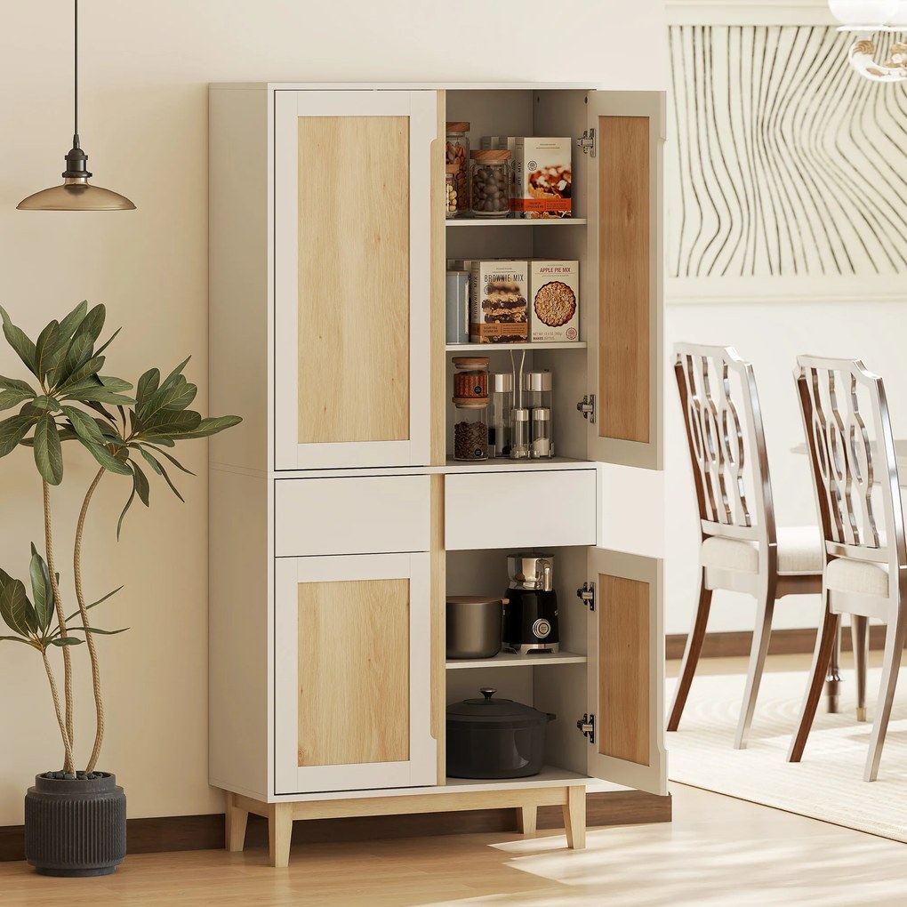 Armário alto de cozinha, armário de cozinha com 4 portas, 2 gavetas e prateleiras ajustáveis, 80 x 35 x 170 cm, branco e carvalho