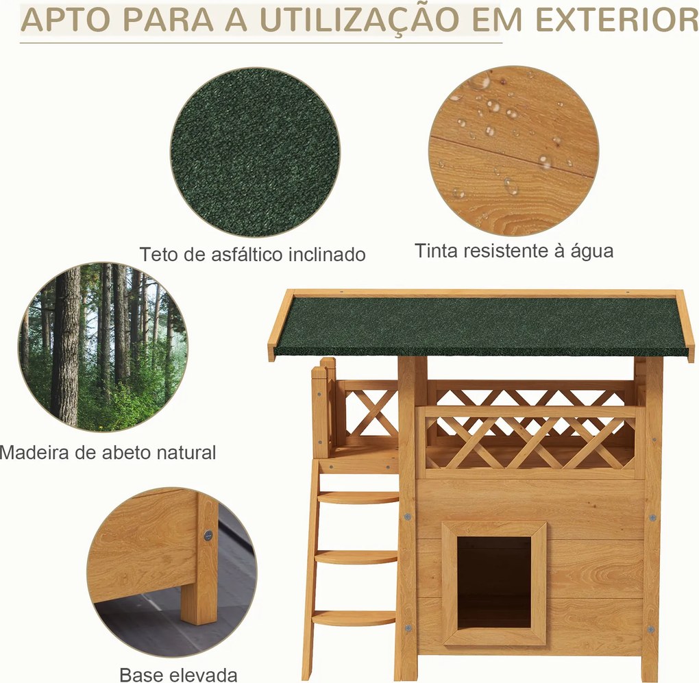 Casa para Gatos de Madeira 77x50x73cm com 2 Níveis Teto Asfáltico Terraço Cercado Caverna e Escada Madeira