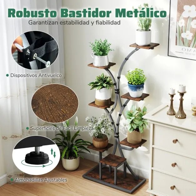 Suporte de 8 níveis para plantas com luzes de crescimento ajustáveis e temporizador 67 x 30 x 146 cm Castanho e preto