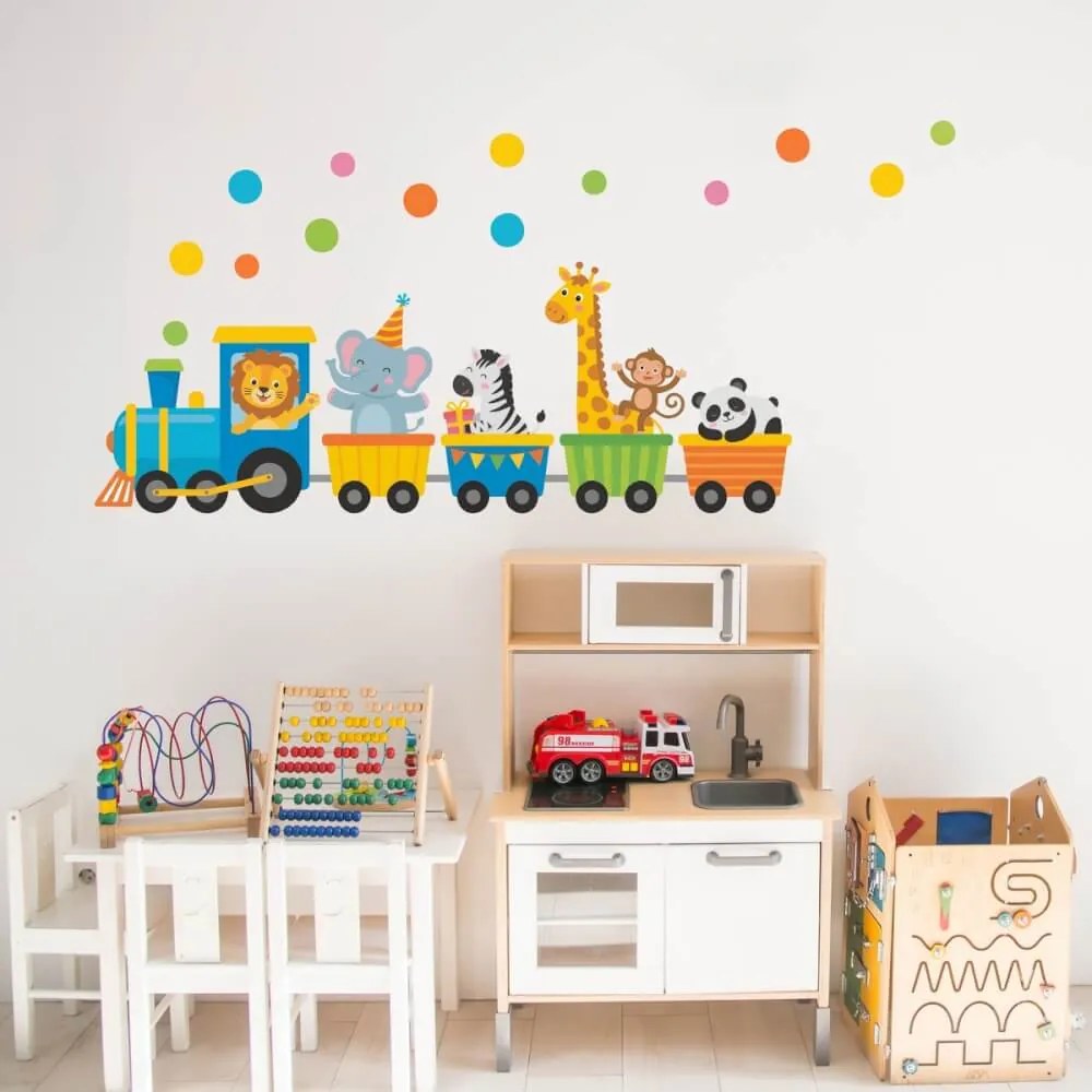 Autocolante de parede para crianças - Comboio com animais na festa