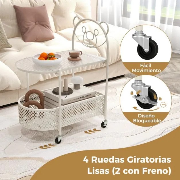 Mesa lateral de vidro móvel moderna de 2 níveis com padrão de urso Cesto de metal Rodas para sala de estar Quarto de estudo Branco