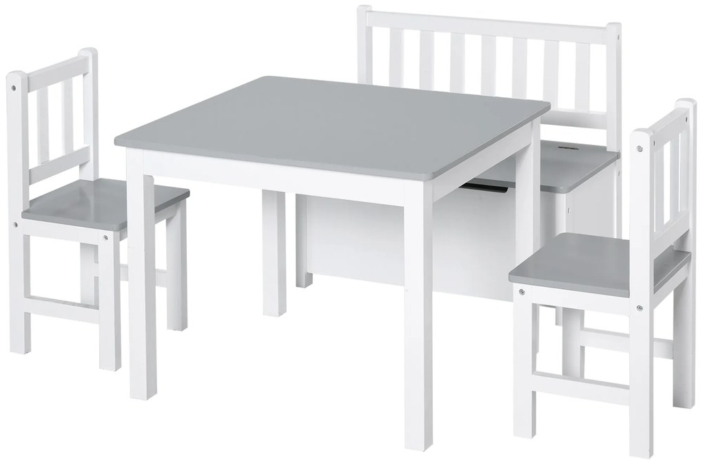 HOMCOM Conjunto Infantil de Mesa 2 Cadeiras e Banco com Armazenamento Móveis Infantil para Sala de Jogos  Branco e Cinza