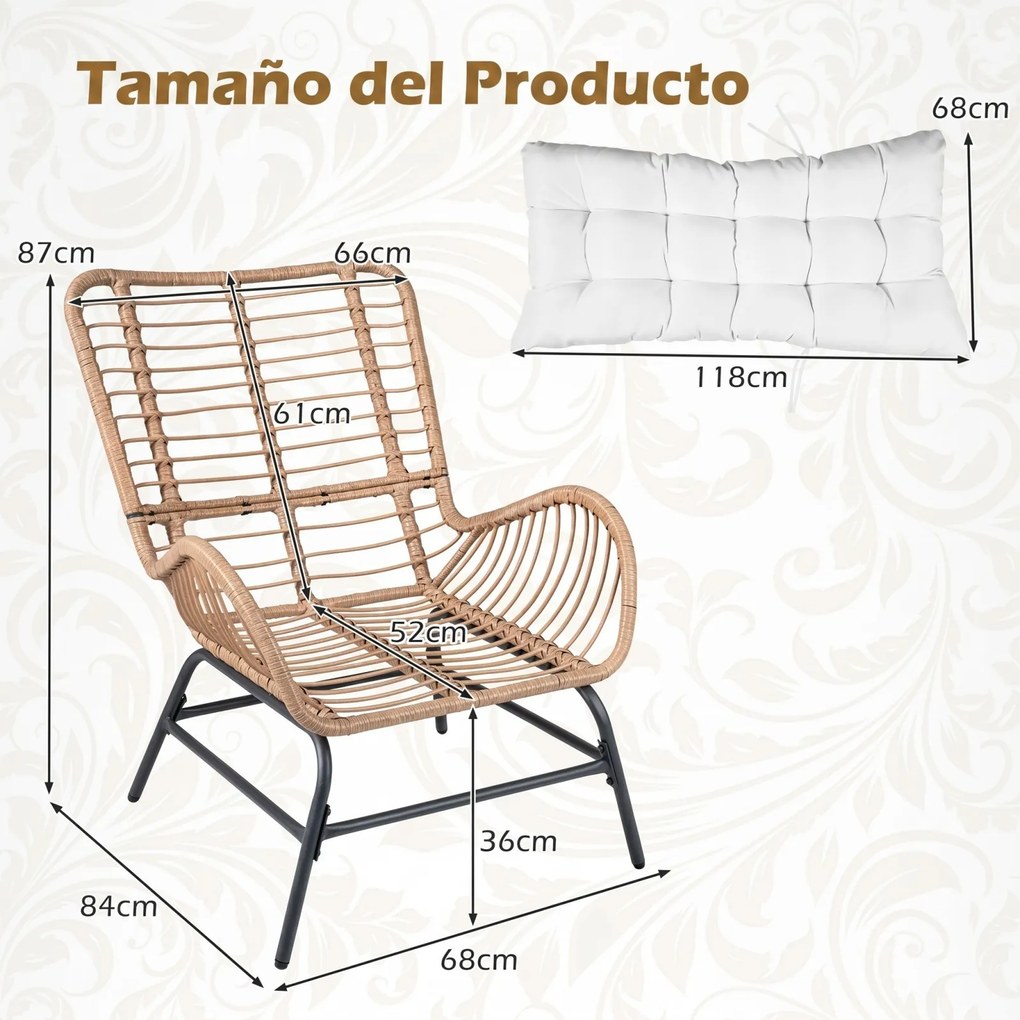 Conjunto de 2 cadeiras jardim de rattan para exterior com almofada grossa removível, encosto alto e braços de metal para terraço, com capacidade de 17