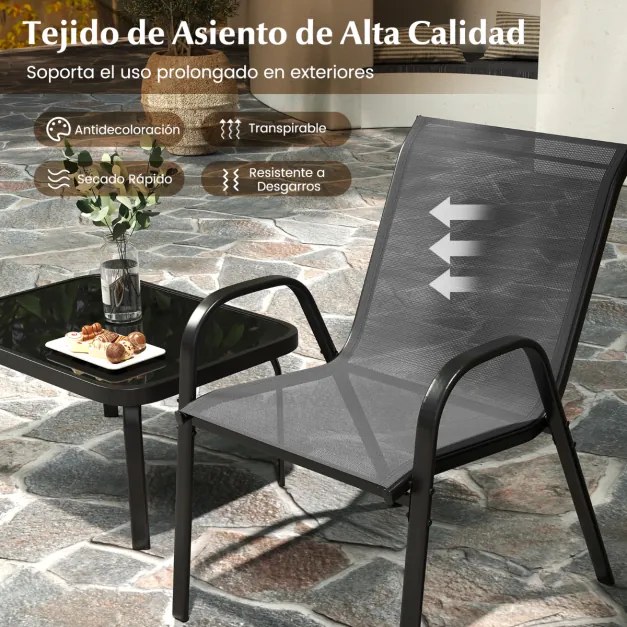 Conjunto de jardim exterior de 4 peças Mesa de café em vidro temperado Banco e 2 cadeiras individuais Tecido Textilene Mesa e cadeiras Cinzento